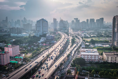 High angle view of street amidst buildings in city