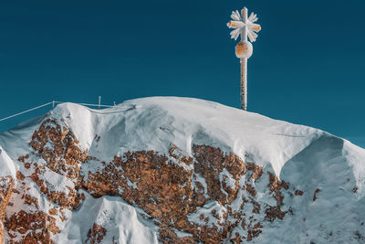 Low angle view of snow on mountain against sky