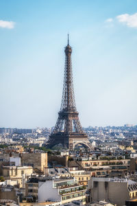 Eiffel tower viewed from top of arc de triomphe. famous landmark in paris, france.