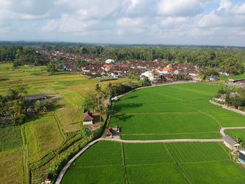 High angle view of agricultural field against sky