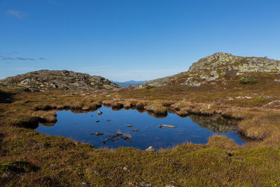 Scenic view of mountains against clear blue sky