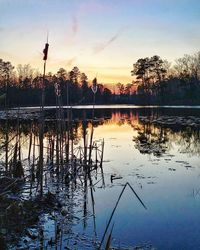 Scenic view of lake against sky during sunset