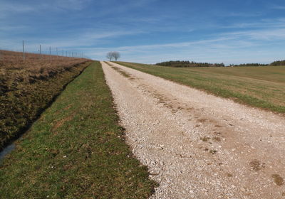 Dirt road amidst field against sky