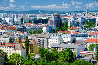 High angle shot of townscape against sky