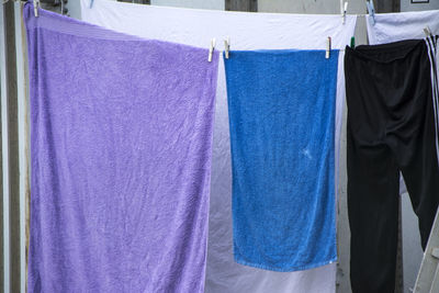 Close-up of clothes drying on clothesline