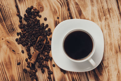 High angle view of coffee cup on table