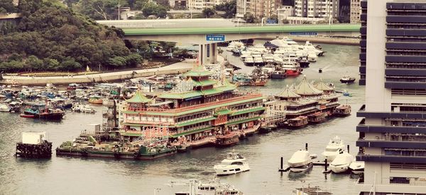 High angle view of boats moored in river