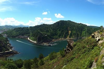 High angle view of river amidst trees against blue sky