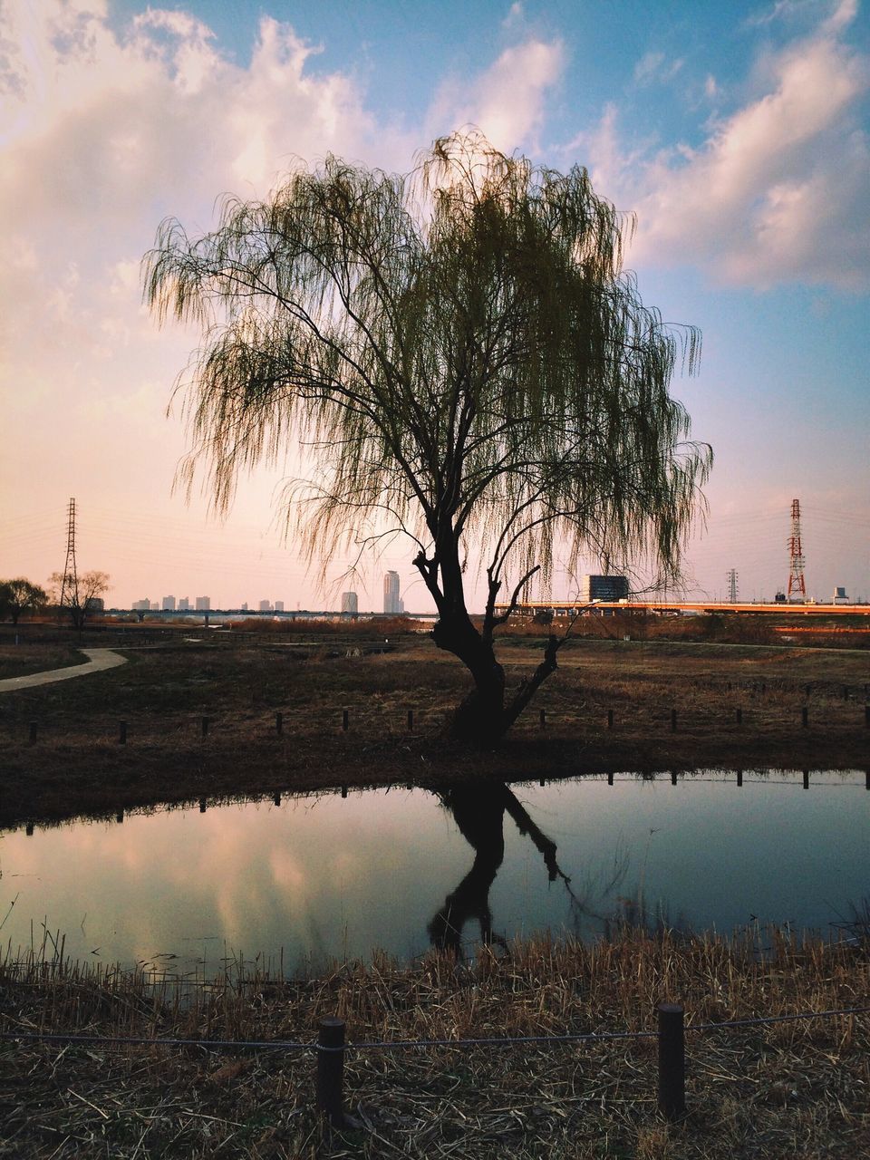 water, sky, reflection, tree, lake, tranquility, cloud - sky, bare tree, tranquil scene, nature, scenics, cloud, river, beauty in nature, standing water, branch, outdoors, built structure, lakeshore, no people