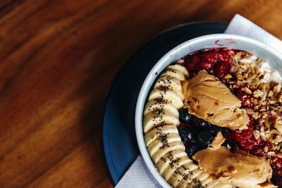 High angle view of food in bowl on table