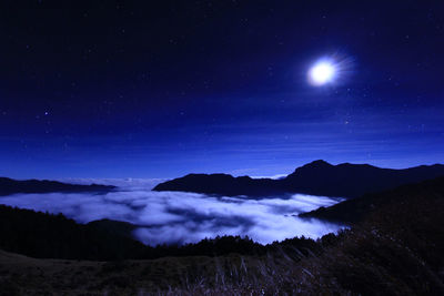 Scenic view of illuminated mountains against clear sky at night