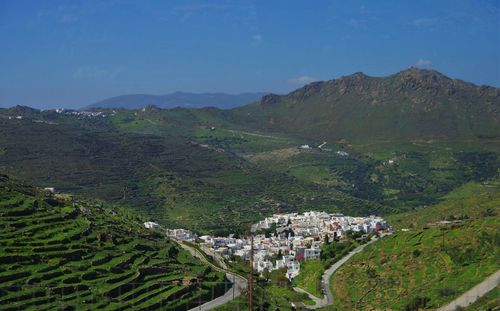 High angle view of agricultural landscape against sky