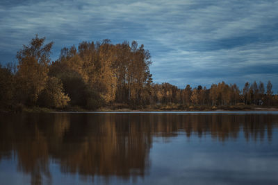 Scenic view of lake in forest against sky