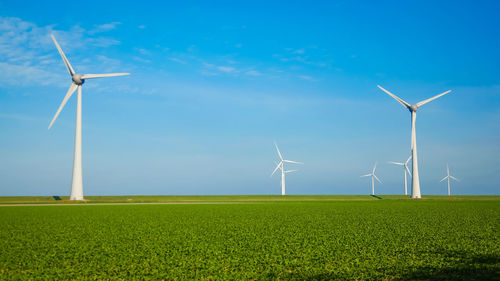 Windmills on field against blue sky