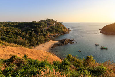 High angle view of bay against clear sky