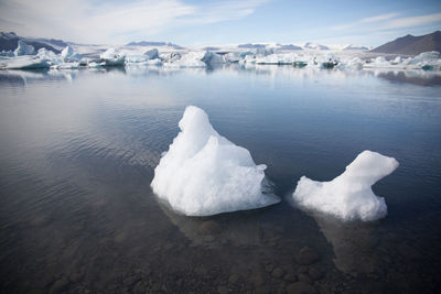 Scenic view of icebergs melting in river against sky