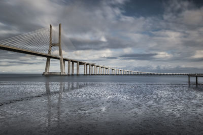 Suspension bridge over river against cloudy sky