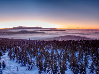 Pink orange sun rise above misty winter land. peaks of mountains above creamy mist in valley.