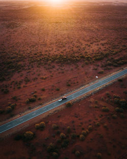 Aerial view of car on road in desert