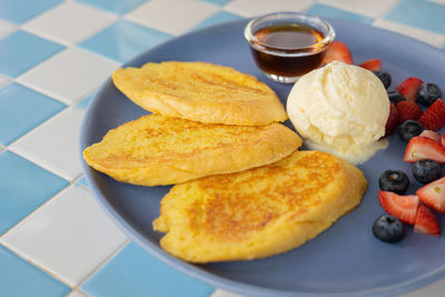 High angle view of breakfast on table