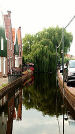 Reflection of building in lake against sky in city
