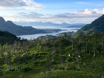 Scenic view of green landscape and mountains against sky