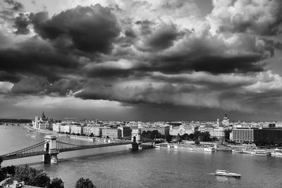 View of city at waterfront against cloudy sky