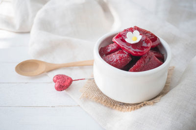 High angle view of dessert in bowl on table