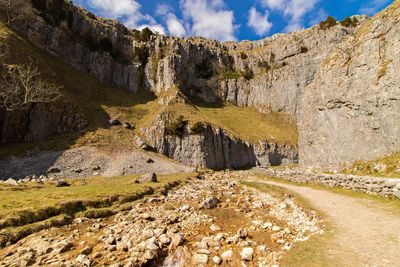 Rock formations on a gorge landscape against sky