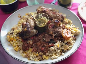 High angle view of meal served in plate on table