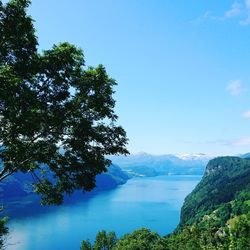 Scenic view of lake against blue sky