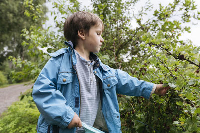 Boy wearing rain jacket collecting berries in the garden