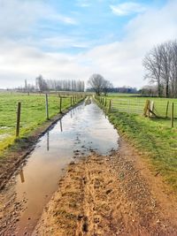 Scenic view of canal amidst field against sky