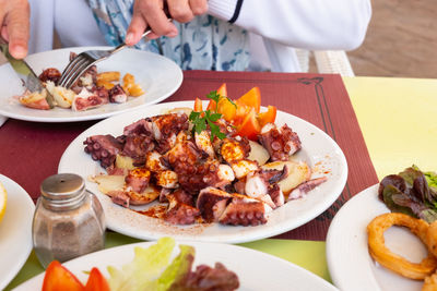 High angle view of food served on table