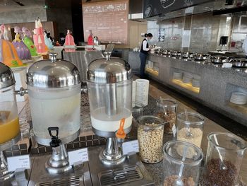 Glass of bottles in restaurant