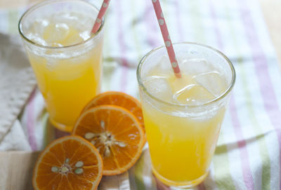 Close-up of drinks served on table