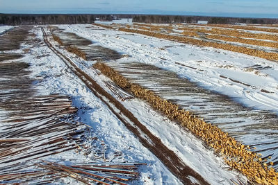 High angle view of snow covered land