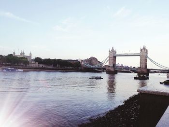 View of suspension bridge over river