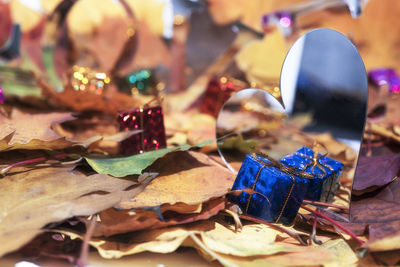 Close-up of christmas decorations on table