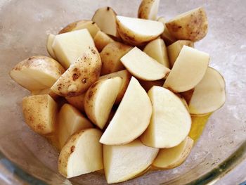 High angle view of chopped vegetables in bowl on table