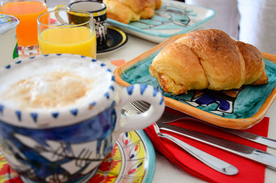 Close-up of breakfast served on table