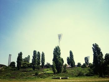 View of trees on landscape against clear sky