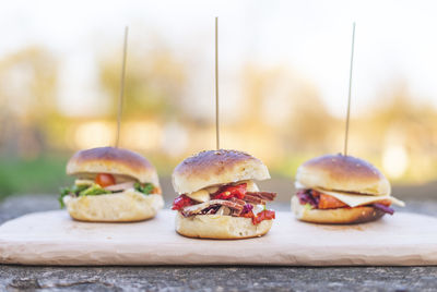 Close-up of burger on cutting board