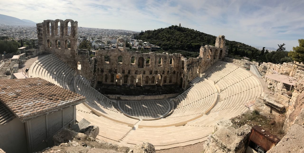 history, architecture, built structure, ancient, the past, old ruin, archaeology, travel destinations, ancient civilization, high angle view, day, sky, travel, outdoors, building exterior, no people, sunlight, ancient history, tree