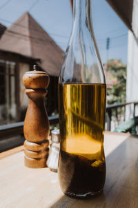 Close-up of beer glass on table