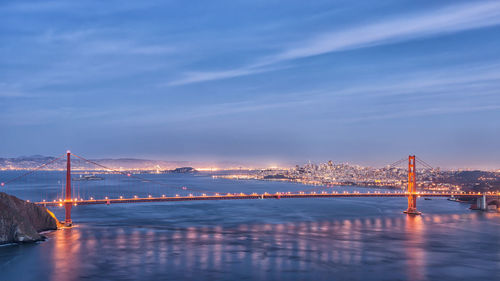 Golden gate bridge at night with city lights in distance