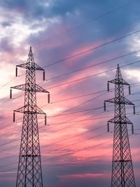 Electricity pylon against sky during sunset