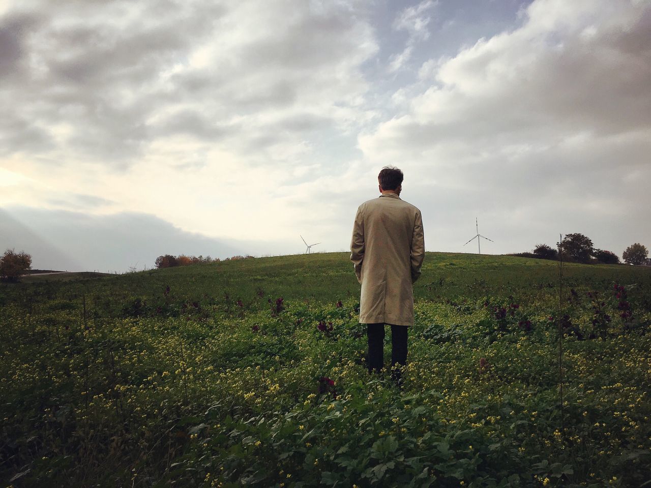 sky, cloud - sky, rear view, landscape, tranquil scene, tranquility, grass, standing, field, cloudy, nature, beauty in nature, lifestyles, full length, leisure activity, cloud, scenics, men