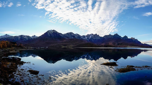 Scenic view of lake and mountains against sky