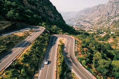 High angle view of road amidst trees